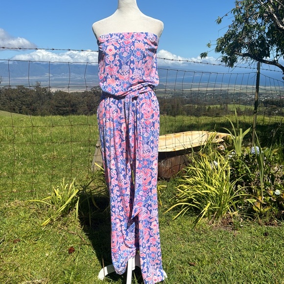 Lilly Pulitzer Pants - Lily Pulitzer Pink blue Strapless Wide Leg Jumpsuit Small